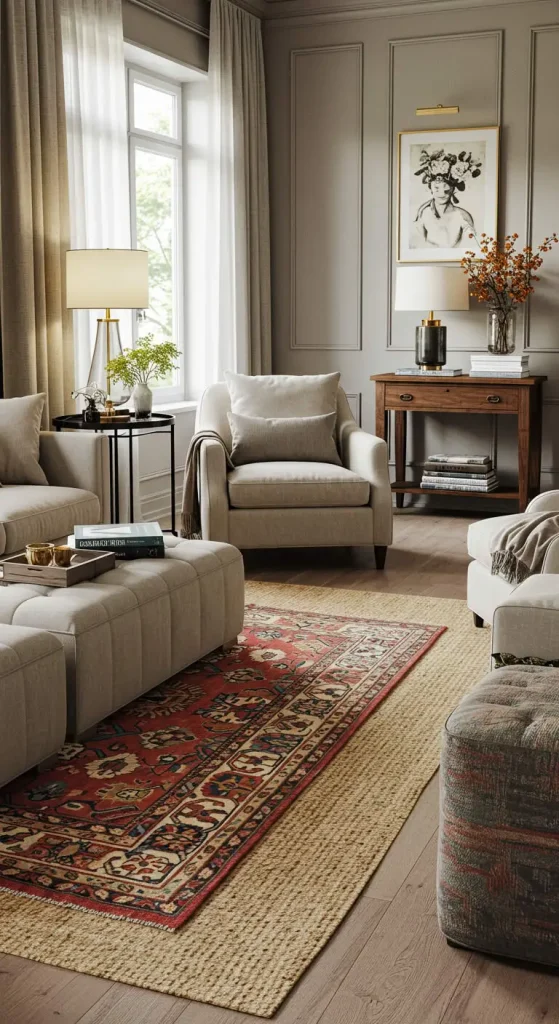15 Living Room Rug Ideas 2 1. Layered Rugs