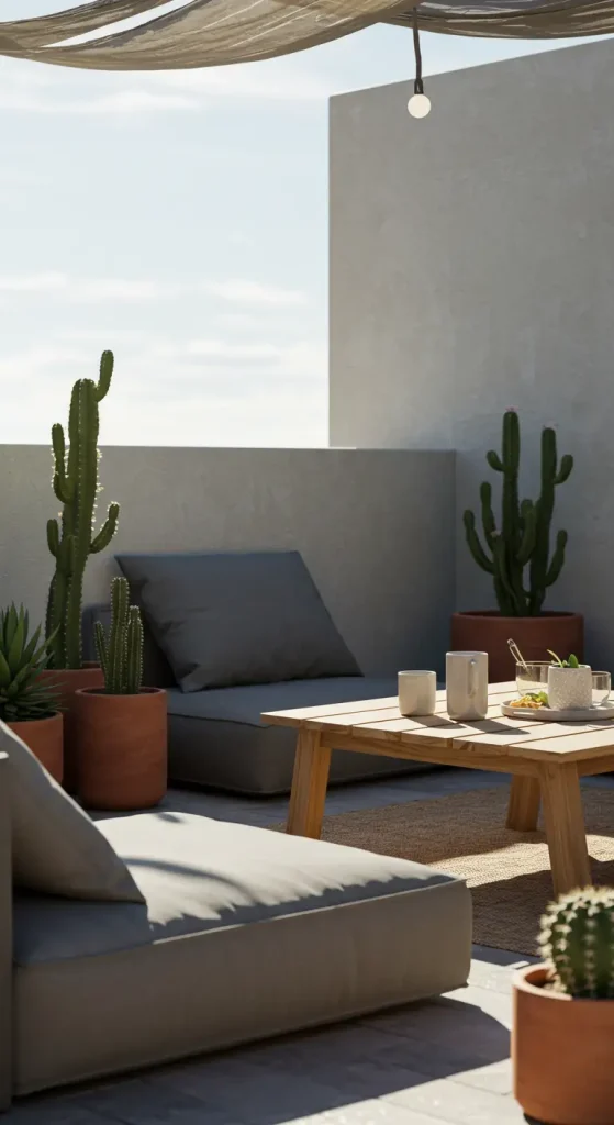 12 Trendy Outdoor Lounge Ideas 1 1. Minimalist Lounge in Neutral Tones