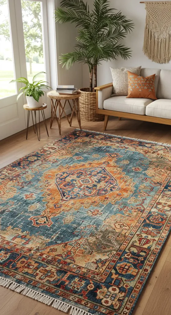 15 Living Room Rug Ideas 11 10. Bohemian Rugs