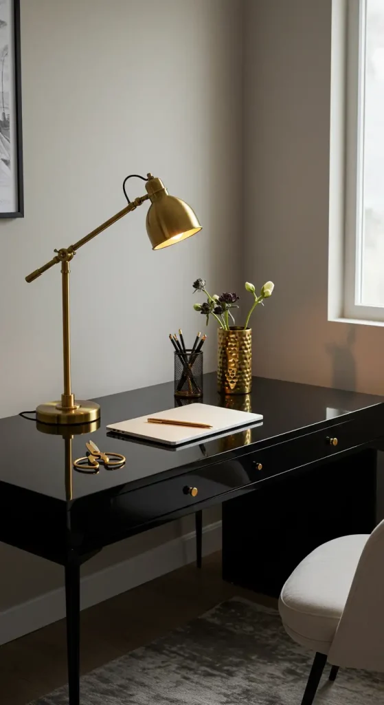 15 Home Office Ideas Black Desk 11 10. Luxe Gold Accents