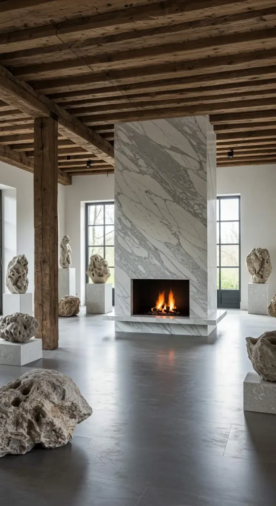 15 Earthy Living Room Decor Ideas 11 10. Stone & Marble Accents