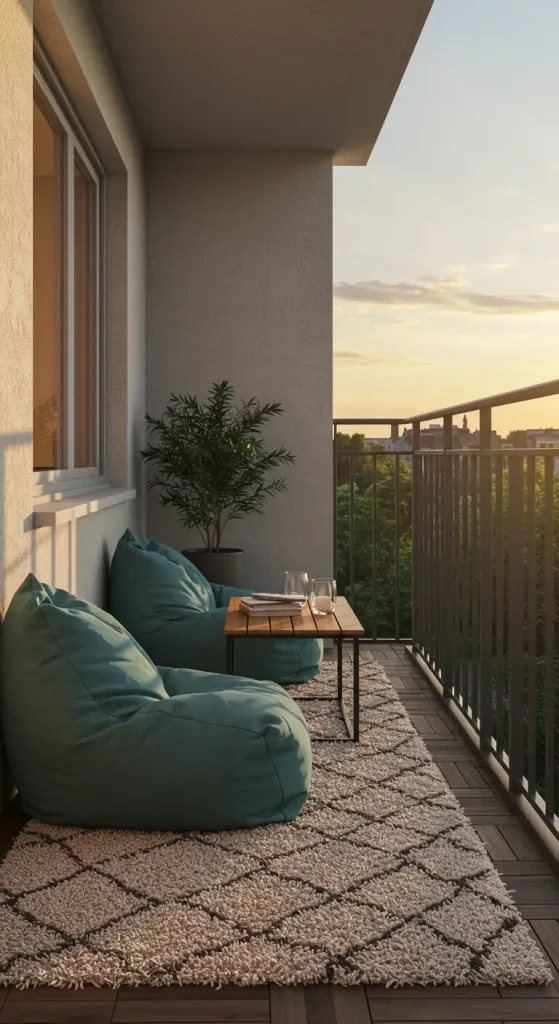 11 Clever Small Balcony Furniture Ideas To Maximize Your Space 11 11. Bean Bags and Outdoor Rugs