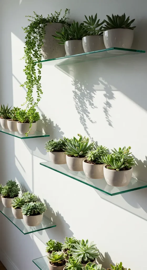 12 Indoor Plant Shelf Ideas 11 11. Glass Shelving Elegance