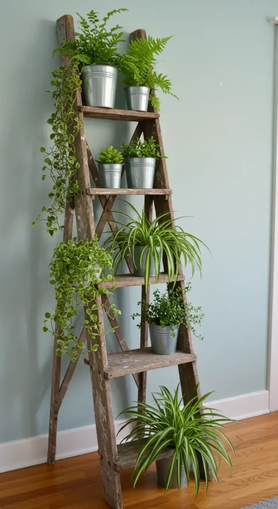 12 Indoor Plant Shelf Ideas 2 2. Ladder Shelf Display