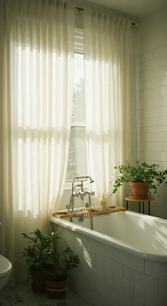 11 Bathroom Curtain Ideas 3 2. Neutral Sheer Curtains