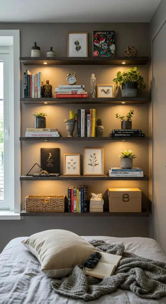 13 Storage Hacks for Small Bedrooms 3 2. Wall Shelves