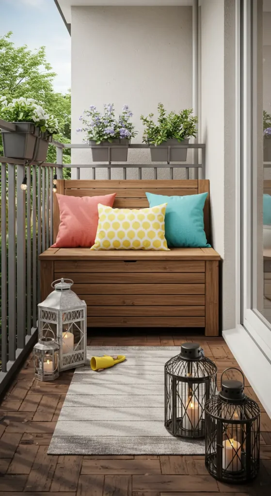14 Small Balcony Seating Ideas 3 3. Bench with Storage