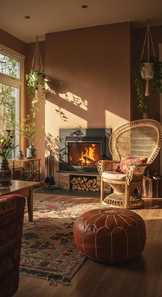 10 Living Room Ideas with Fireplace 3 3. Bohemian Vibes