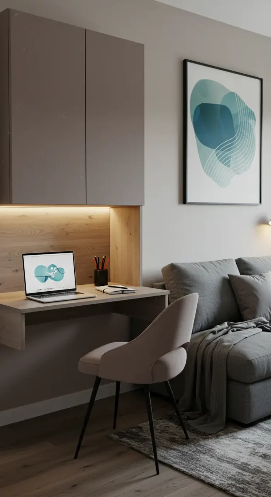 14 Inspiring Home Office Ideas with Couch 3 3. Foldable Workspace Beside Couch