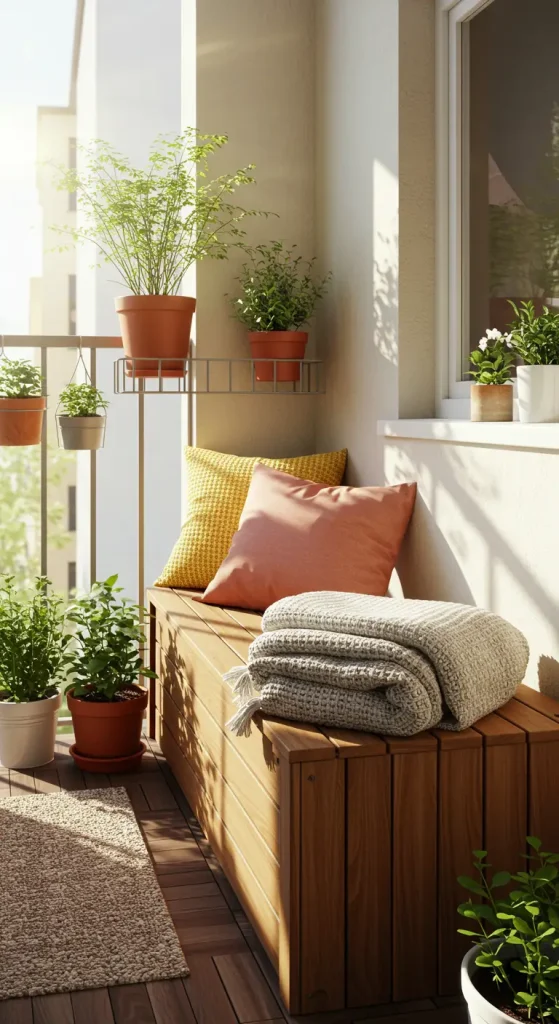 11 Clever Small Balcony Furniture Ideas To Maximize Your Space 4 4. Space-Saving Storage Bench