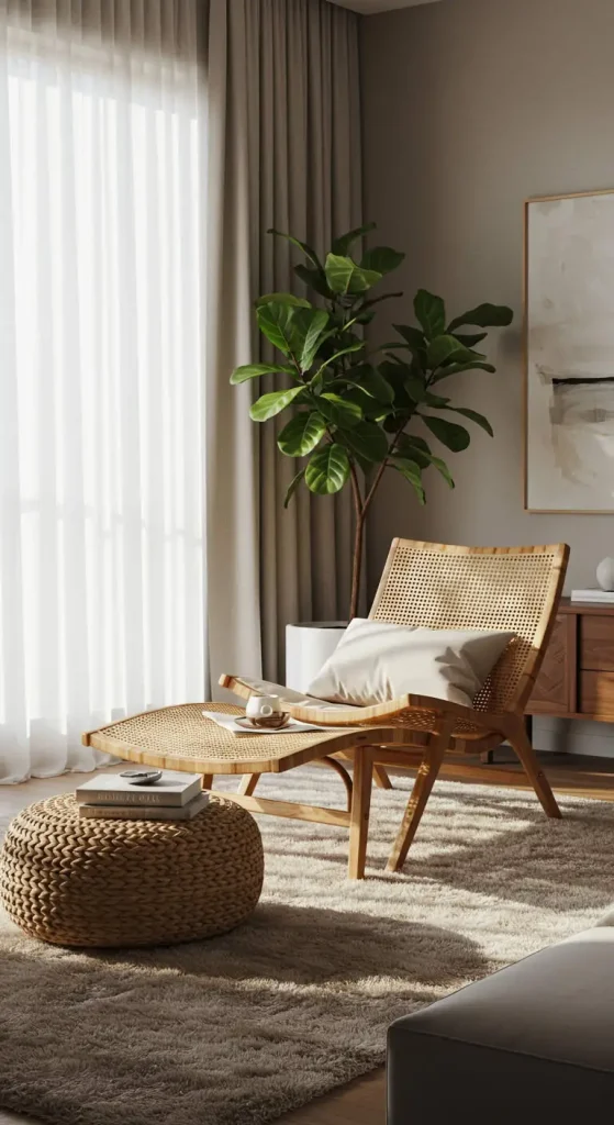 15 Earthy Living Room Decor Ideas 5 4. Woven & Rattan Accents