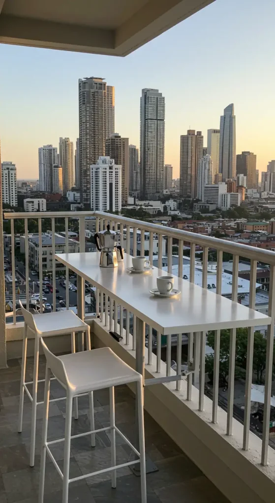 11 Clever Small Balcony Furniture Ideas To Maximize Your Space 5 5. Bar Table Against the Railing