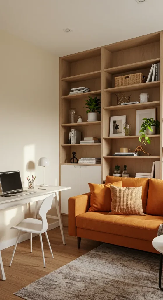 14 Inspiring Home Office Ideas with Couch 5 5. Bookshelf Backdrop