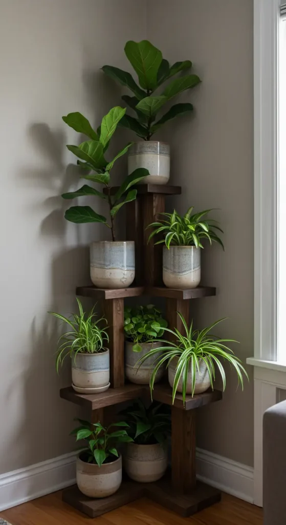 12 Indoor Plant Shelf Ideas 5 5. Corner Shelves for Small Spaces
