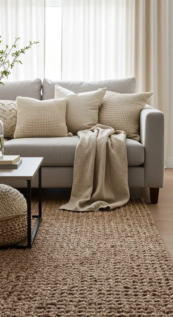 15 Earthy Living Room Decor Ideas 6 5. Cozy Textiles & Layers