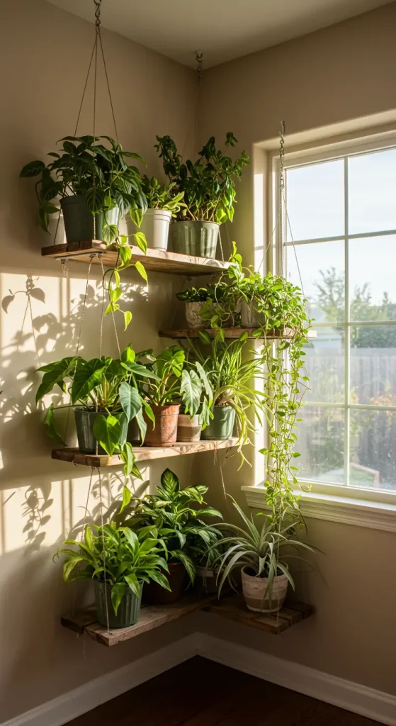 12 Indoor Plant Shelf Ideas 6 6. Hanging Plant Shelf Arrangement