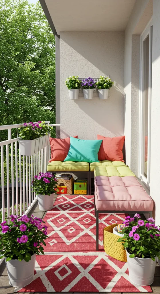 11 Stunning Small Balcony Ideas For A Cozy Apartment Oasis 7 7. Outdoor Rug Pop
