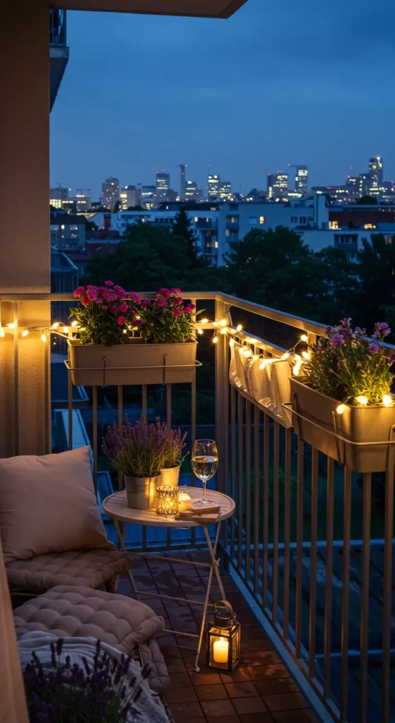 14 Apartment Balcony Ideas 8 7. String Light Magic