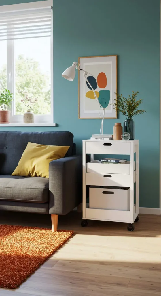 21 Small Living Room Storage Ideas 7 7. Use a Rolling Cart