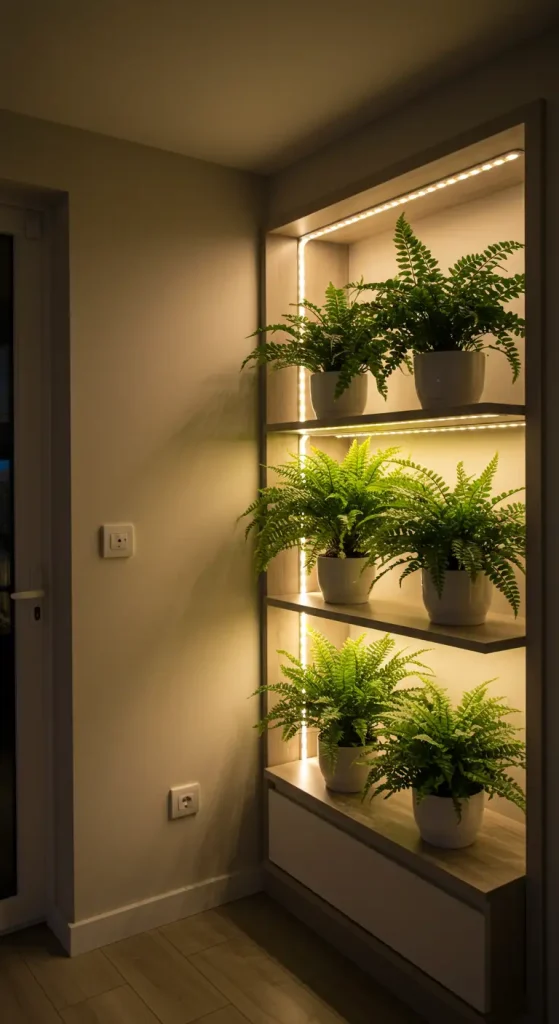 12 Indoor Plant Shelf Ideas 8 8. Shelves with Built-In Lighting