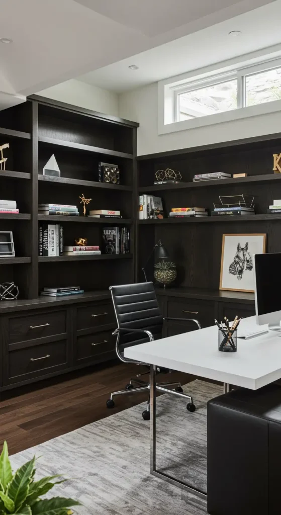 10 Basement Home Office Ideas for Transformation 10 9. Add Custom Built-In Storage