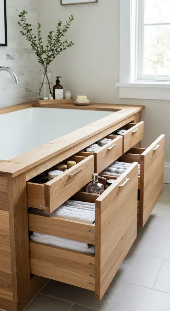 13 Bathtub Ideas DIY 9 9. Build Hidden Storage Under the Tub