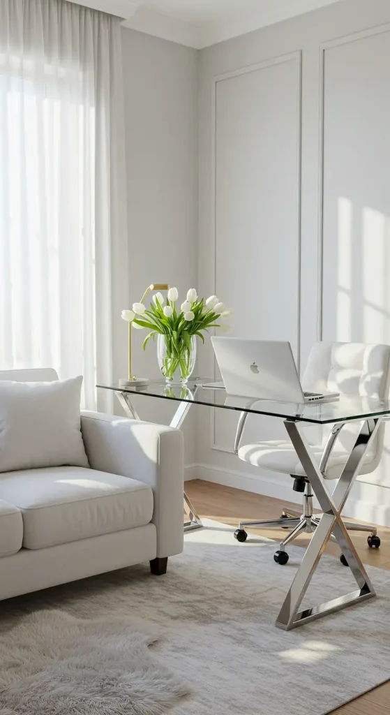 14 Inspiring Home Office Ideas with Couch 9 9. Glass Desk with Light Colors