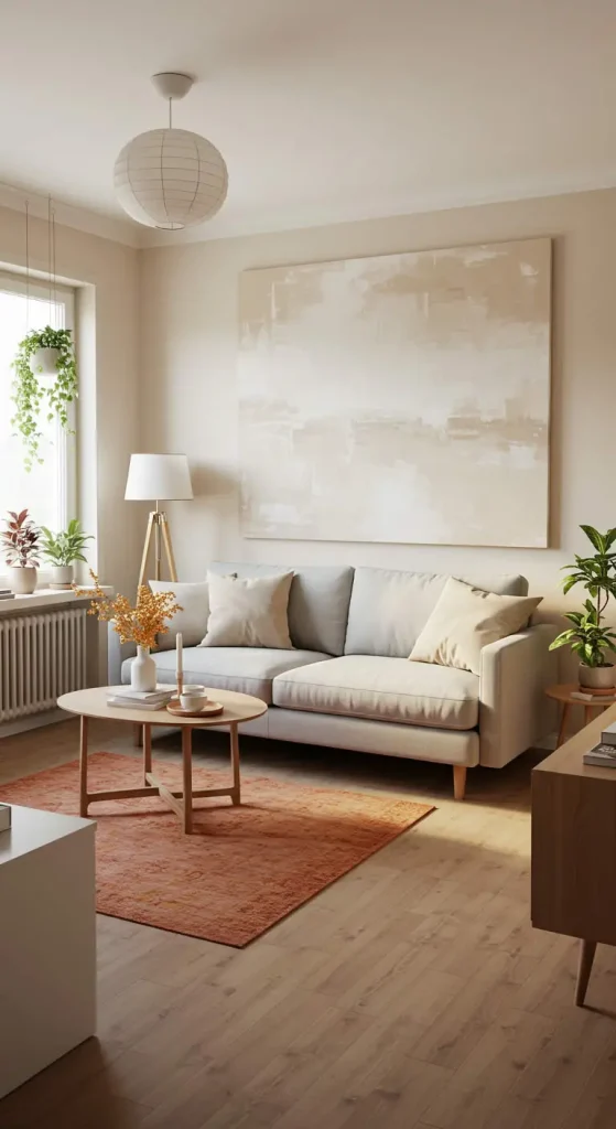 21 Neutral Color Living Room Ideas 9 9. Incorporate Neutral-Colored Artwork