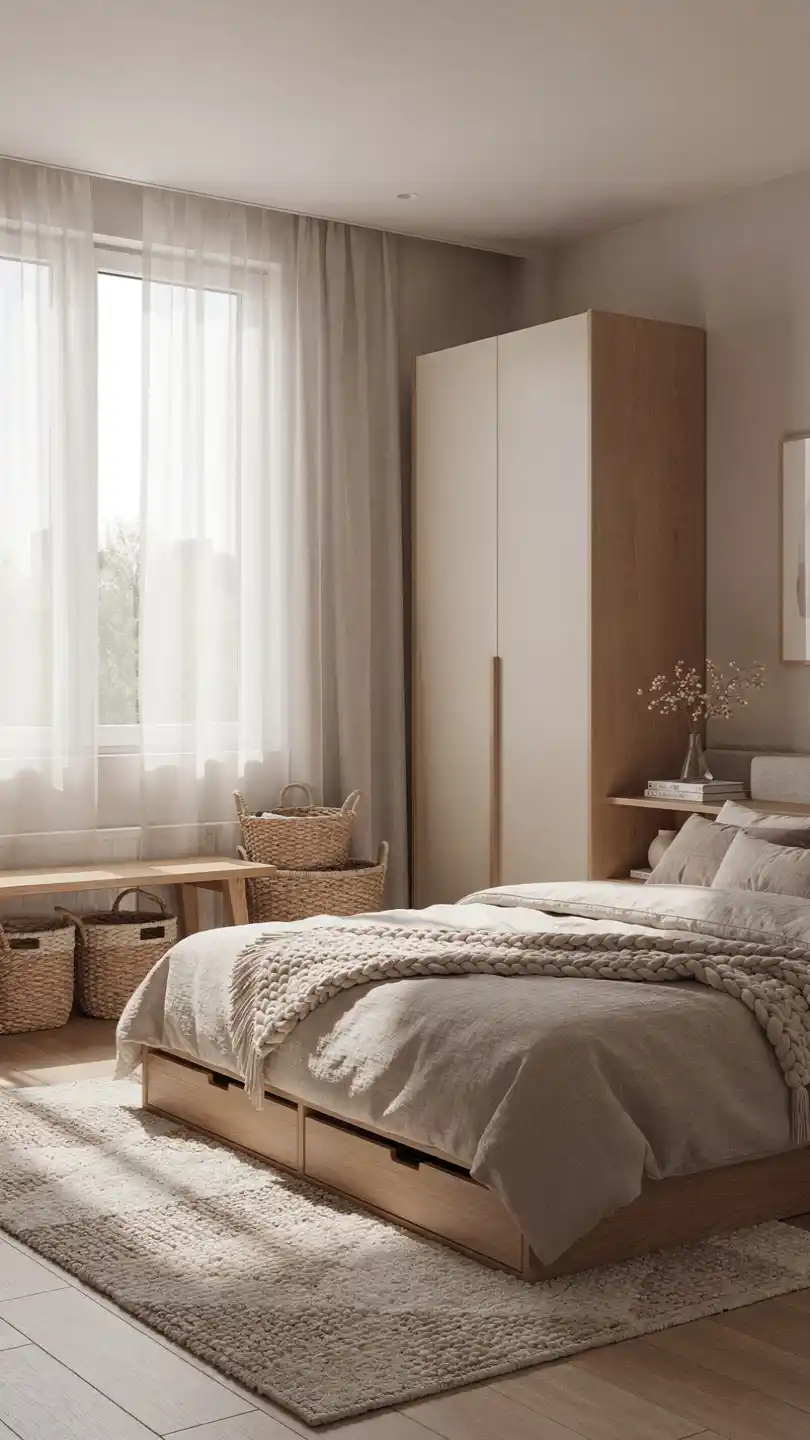 10 Tips for a Cozy Minimalist Bedroom 6 Keep Storage Hidden and Organized