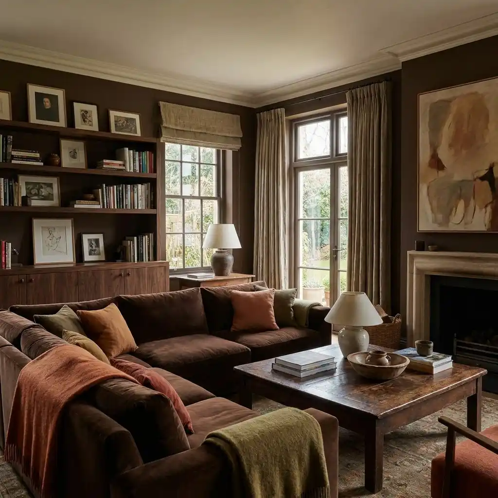 11 Minimalist Living Room Color Palette Ideas That Set the Perfect Calm Mood 9 moody brown living room