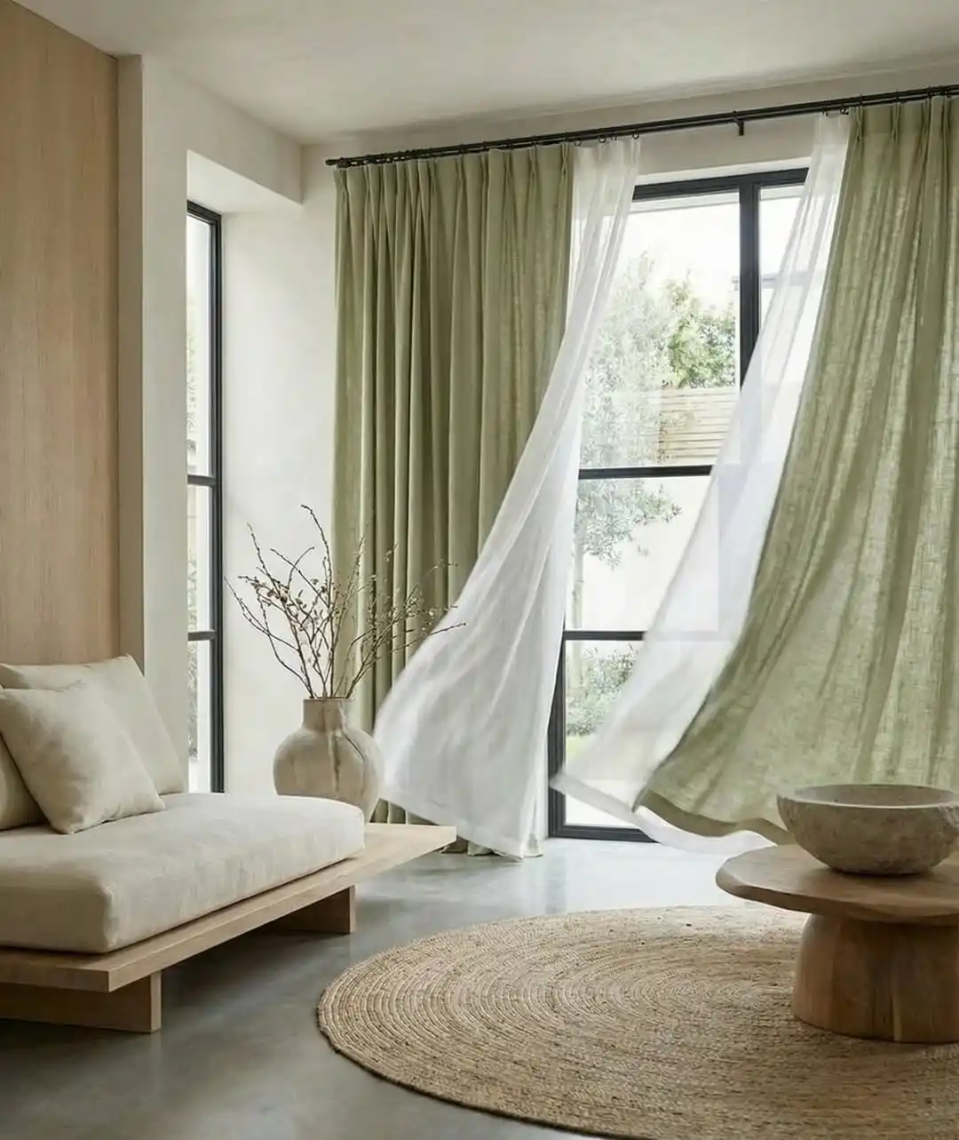 15 Curtain Ideas for Small Living Rooms That Add Height and Light 7 sage green curtains living room