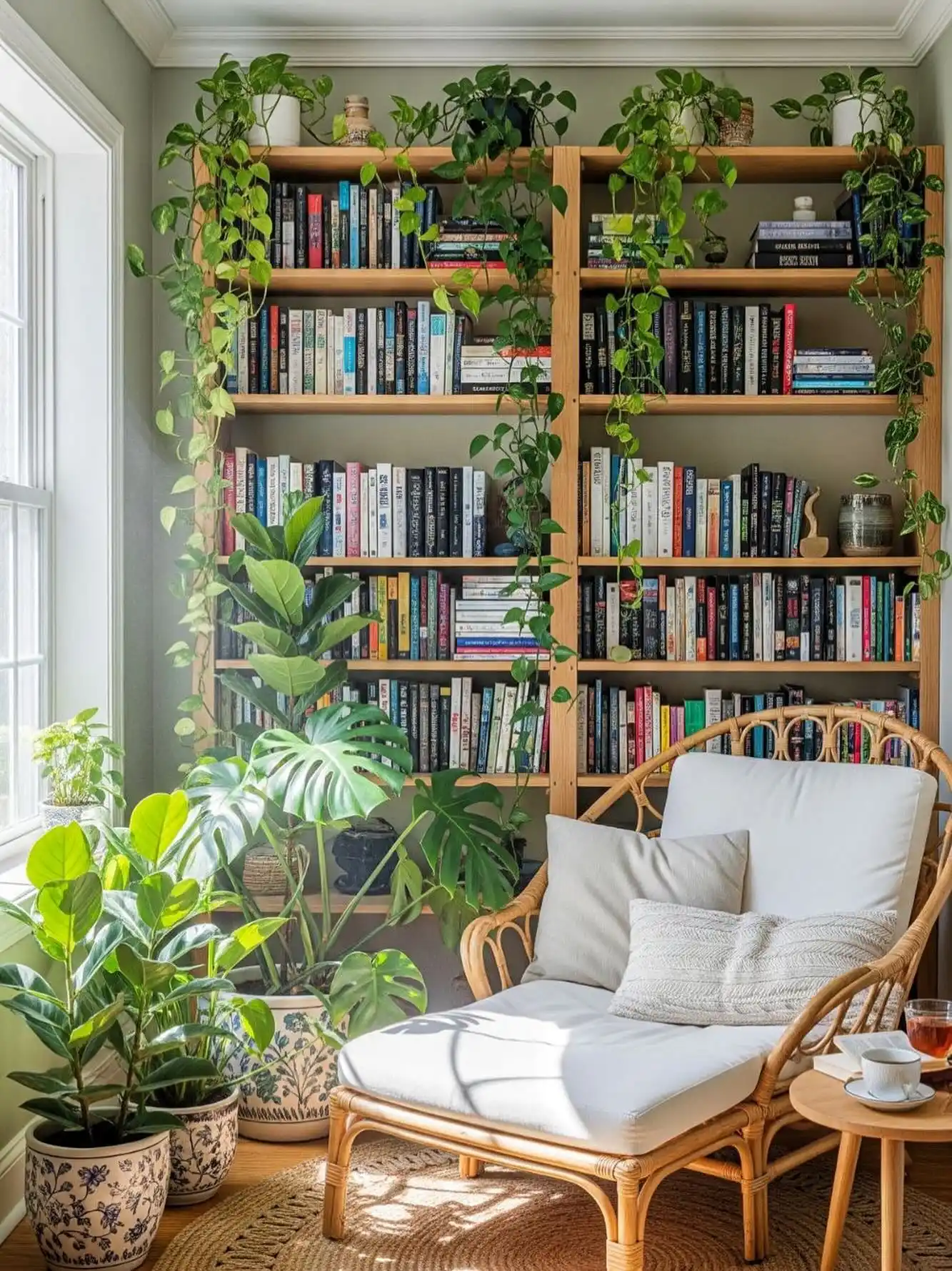 Plant bookshelf styling
