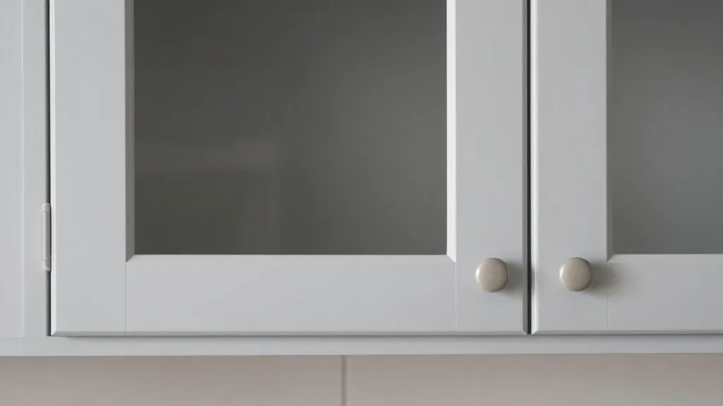 How to Make a Galley Kitchen Look Bigger 2 Closeup of light gray kitchen cabinet with glass doors