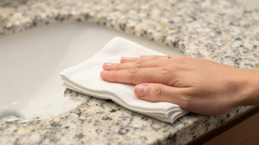 How to Clean Granite Countertops in Bathroom 1 Microfiber cloth wiping granite bathroom countertop closeup